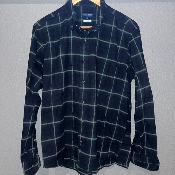 PETER MILLAR CROWN CRAFTED JAPANESE FLANNEL Plaid Shirt - Blue & Green - EUC -L - Picture 1 of 11